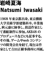 岩崎夏海 1968 年東京都出身。東京藝術大学美術学部建築科卒。卒業後、
秋元康に師事し、放送作家として番組制作に参加。AKB48 のプ
ロデュースなどにも従事する。その後、ゲームやweb コンテン
ツの開発会社を経て、現在は作家として吉田正樹事務所に所属。