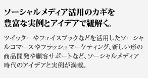 ソーシャルメディア活用のカギを豊富な実例とアイデアで紐解く。ツイッターやフェイスブックなどを活用したソーシャルコマースやフラッシュマーケティング、新しい形の商品開発や顧客サポートなど、ソーシャルメディア時代のアイデアと実例が満載。